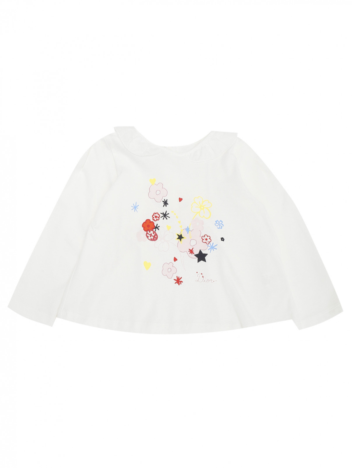 Лонгслив хлопковый с оборками Baby Dior  –  Общий вид  – Цвет:  Белый