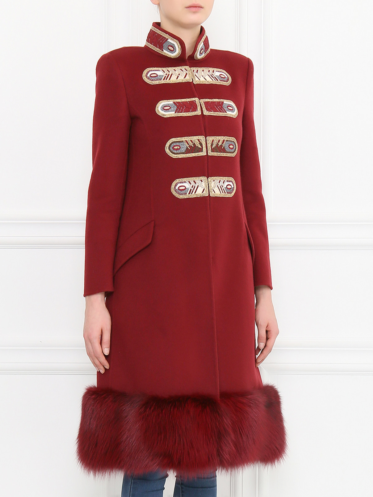 Пальто из шерсти с вышивкой и отделкой из меха Ermanno Scervino  –  Модель Верх-Низ  – Цвет:  Красный