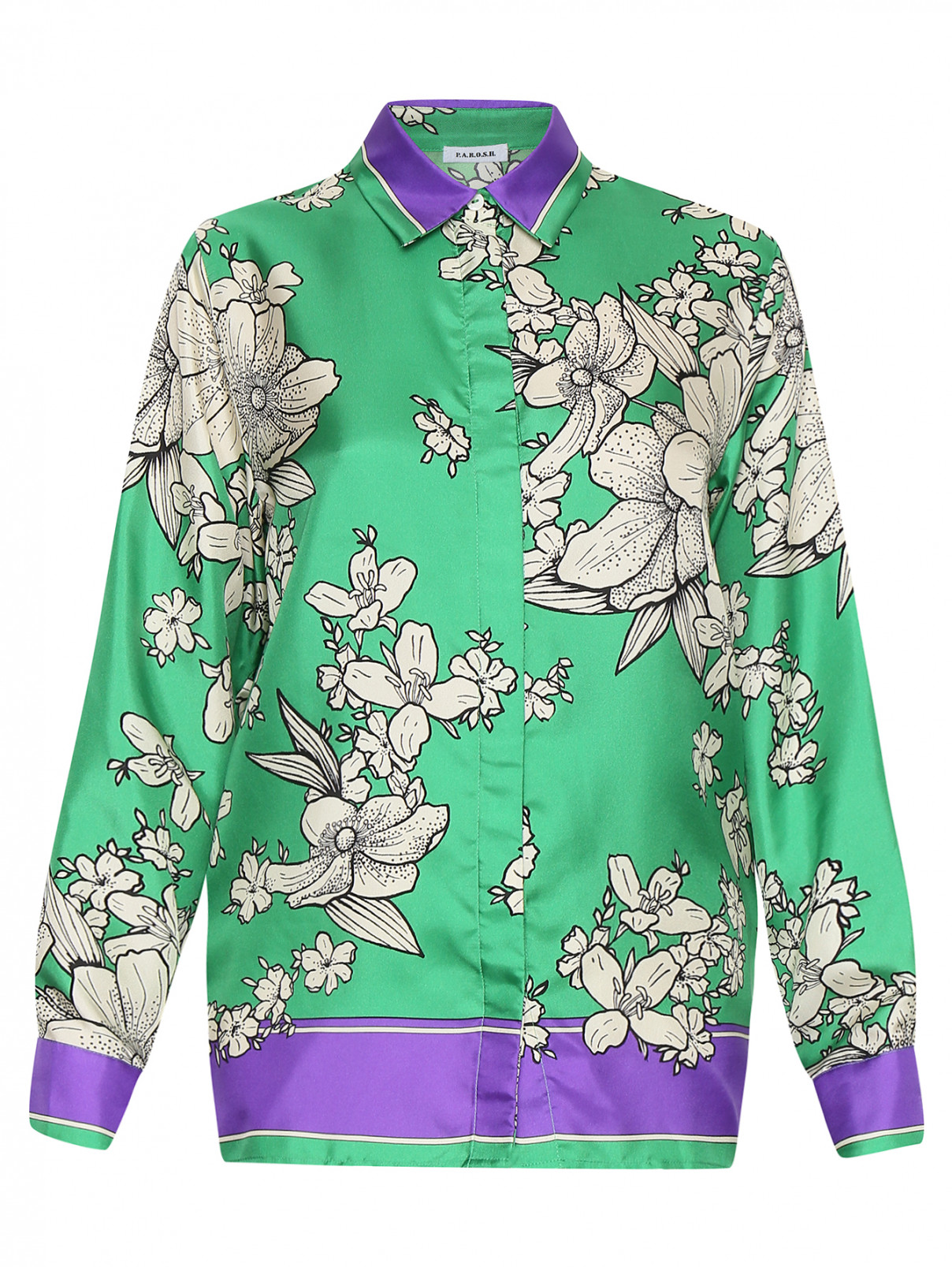 Блуза из шелка с цветочным принтом P.A.R.O.S.H.  –  Общий вид  – Цвет:  Зеленый