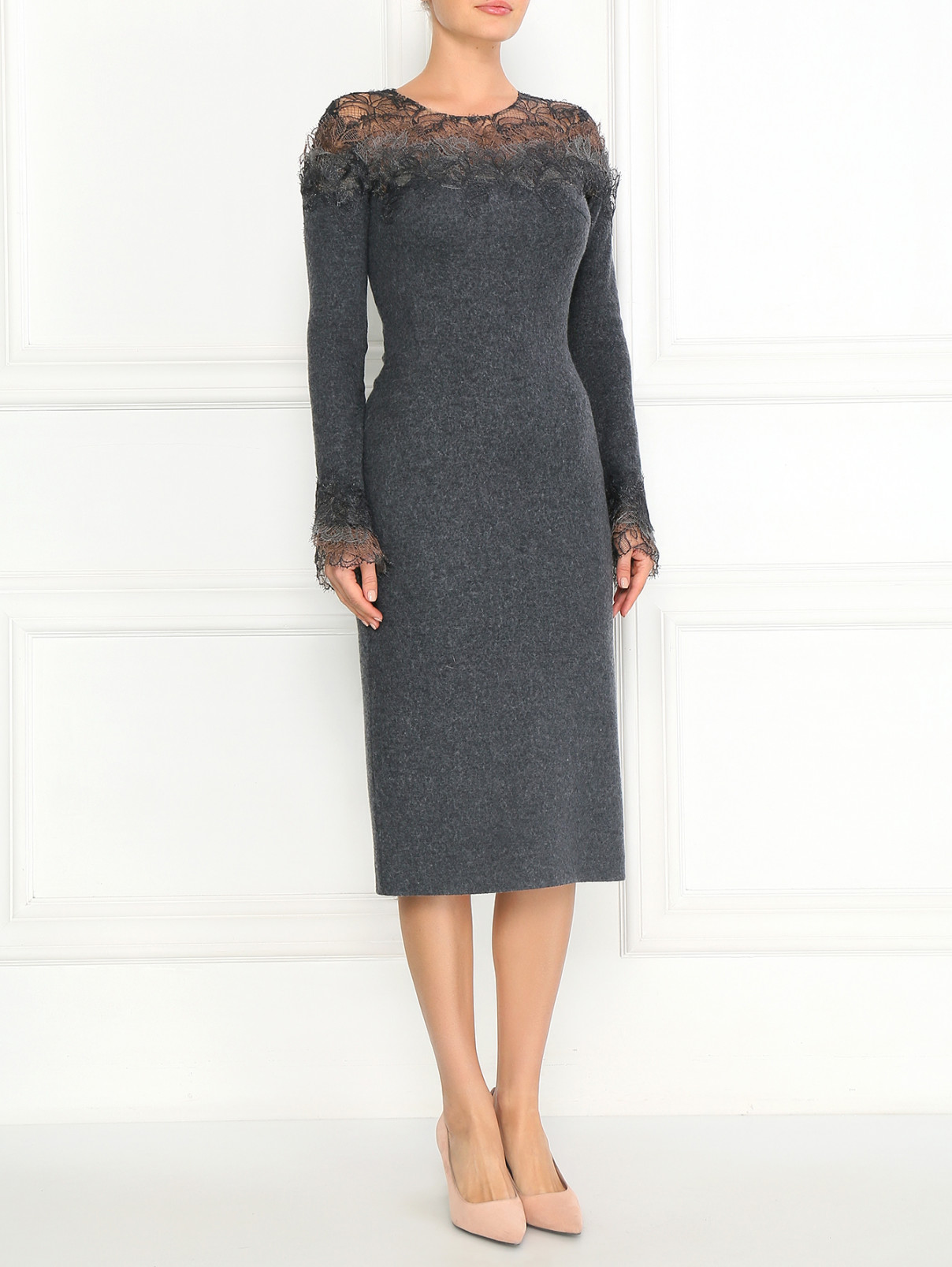 Платье из шерсти и шелка с отделкой из кружева Ermanno Scervino  –  Модель Общий вид  – Цвет:  Серый