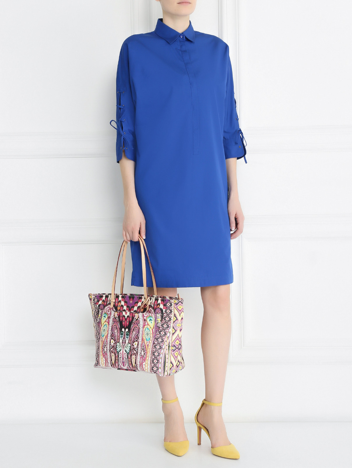 Платье из хлопка с декоративной шнуровкой на рукавах Max Mara  –  Модель Общий вид  – Цвет:  Синий