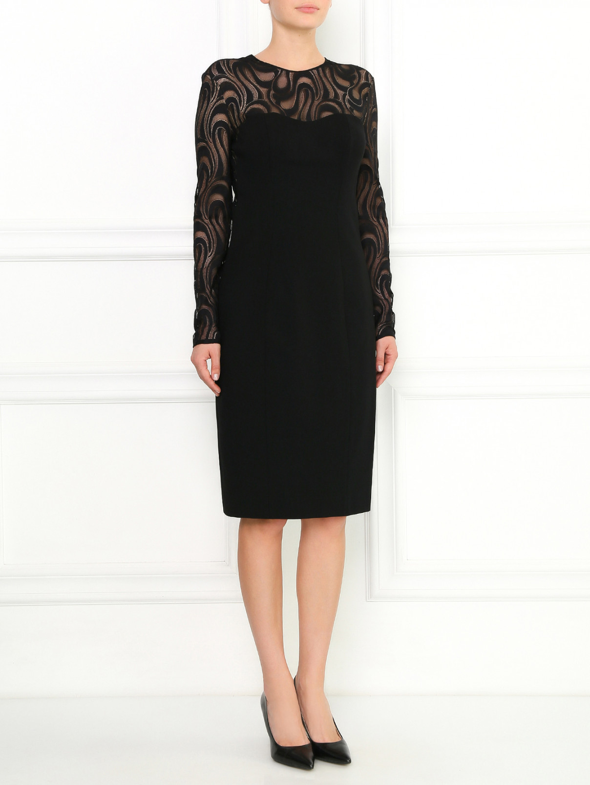 Платье-футляр с вставкой из кружева Carolina Herrera  –  Модель Общий вид  – Цвет:  Черный