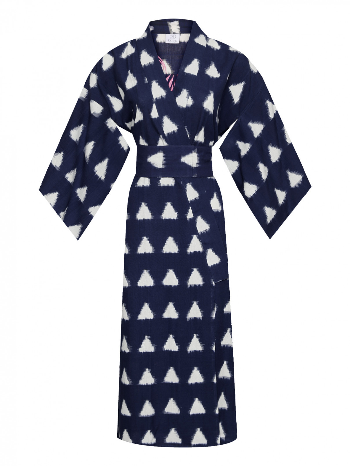 Платье-кимоно из хлопка с узором и вышивкой Kleed  –  Общий вид  – Цвет:  Синий