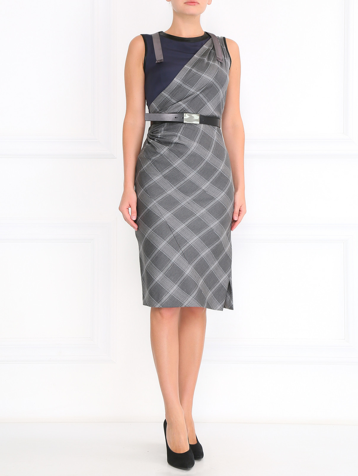 Платье из шерсти с поясом Sportmax  –  Модель Общий вид  – Цвет:  Серый