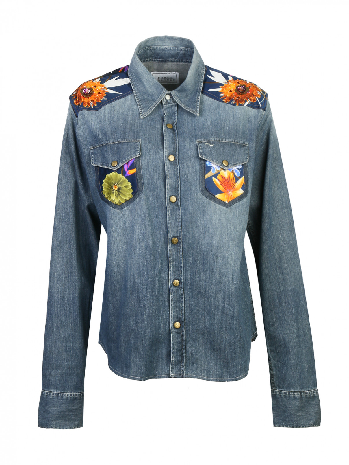 Рубашка из денима с аппликацией Forte Dei Marmi Couture  –  Общий вид  – Цвет:  Синий