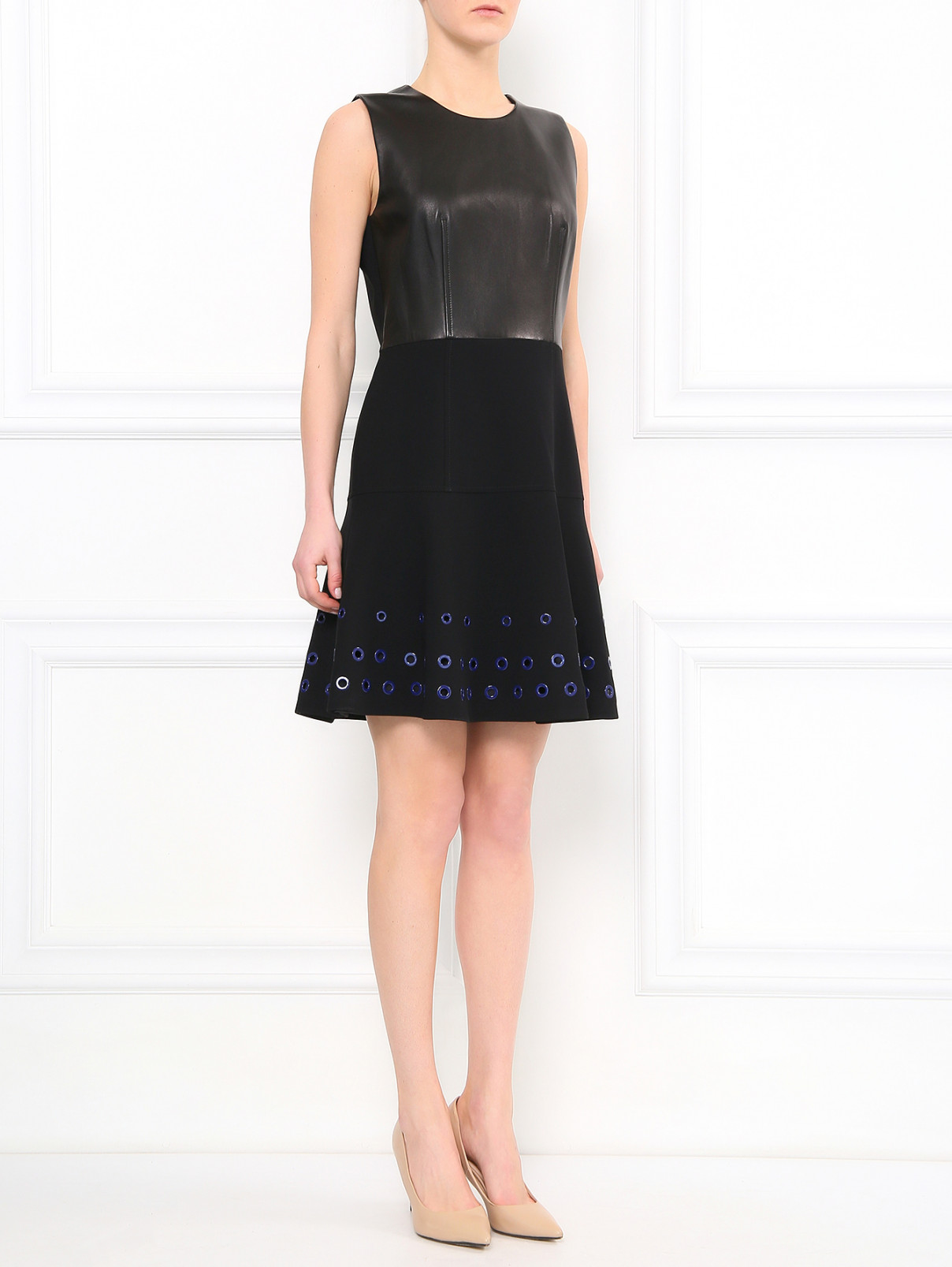 Платье-мини из кожи с контрастной фурнитурой Barbara Bui  –  Модель Общий вид  – Цвет:  Черный