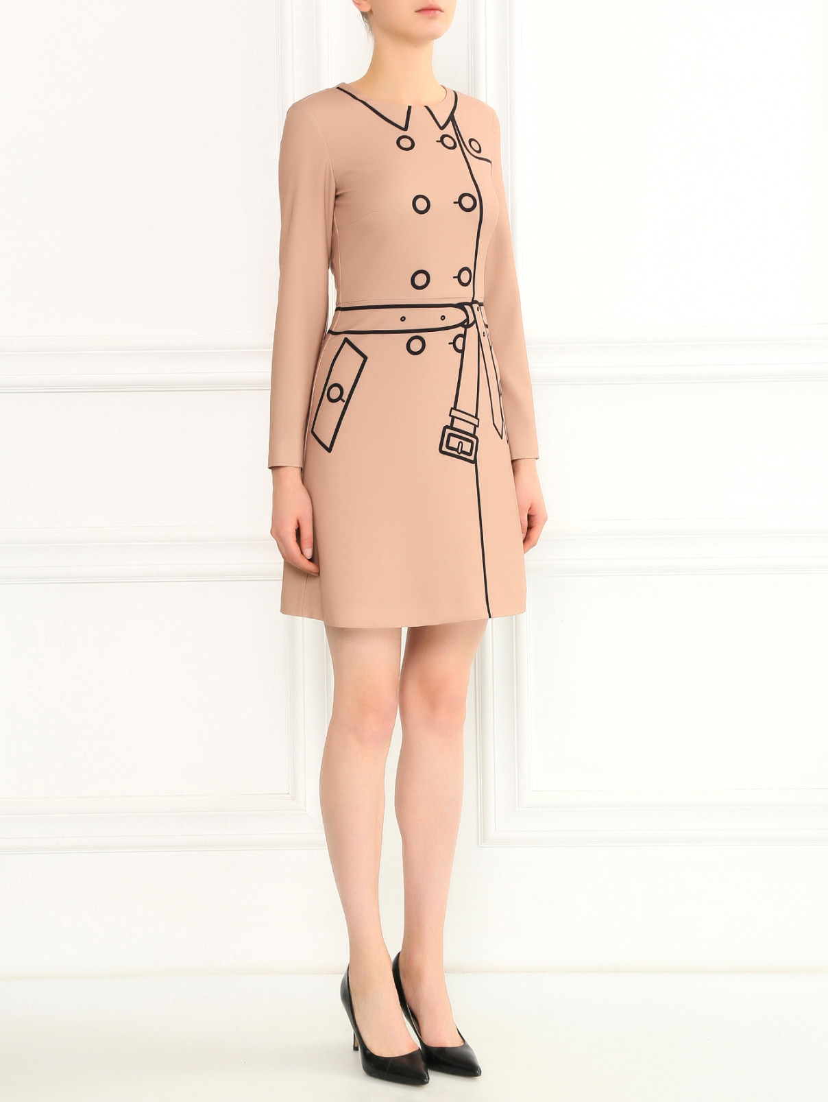 Платье-мини с принтом и длинными рукавами Moschino Boutique  –  Модель Общий вид  – Цвет:  Бежевый