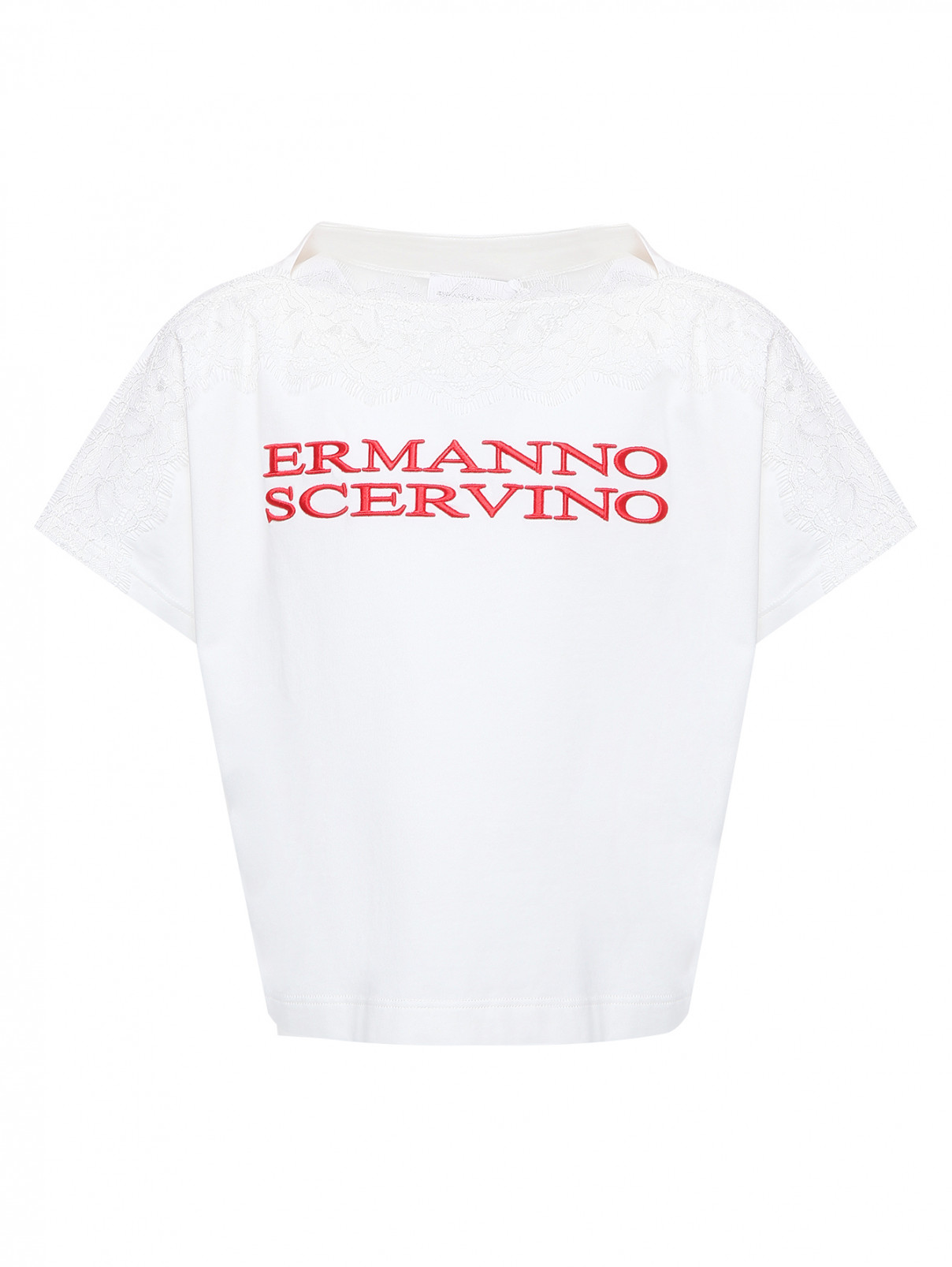Футболка с вышивкой и кружевом Ermanno Scervino Junior  –  Общий вид  – Цвет:  Белый