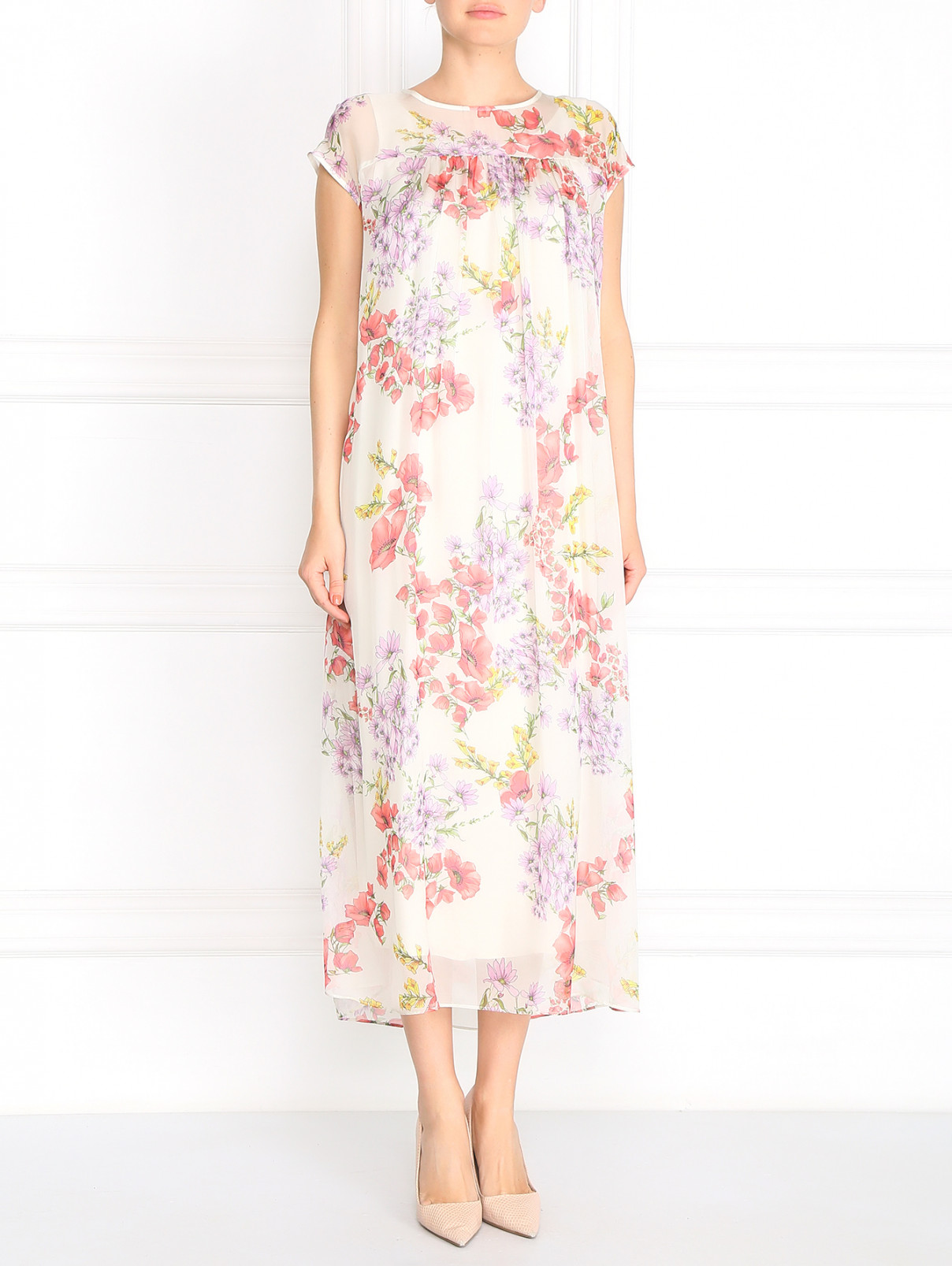 Платье-макси из шелка с цветочным узором Max Mara  –  Модель Общий вид  – Цвет:  Белый