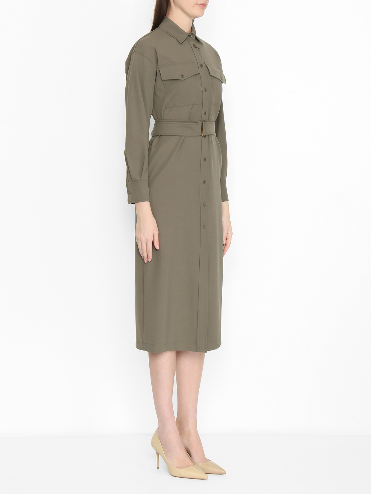 Платье на пуговицах с поясом Weekend Max Mara  –  МодельВерхНиз  – Цвет:  Зеленый