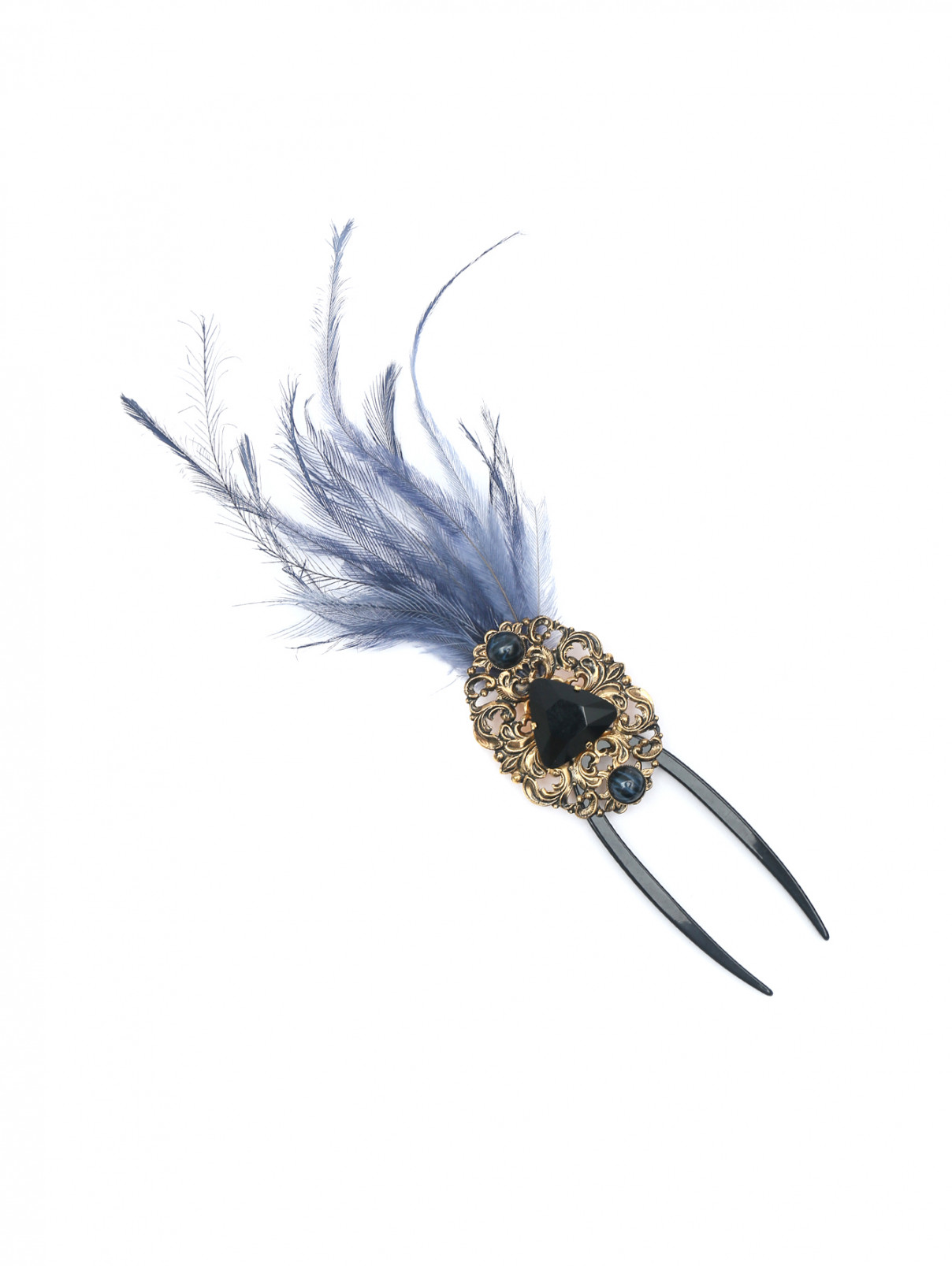 Заколка для волос с камнем и перьями Thot Gioielli  –  Общий вид  – Цвет:  Синий