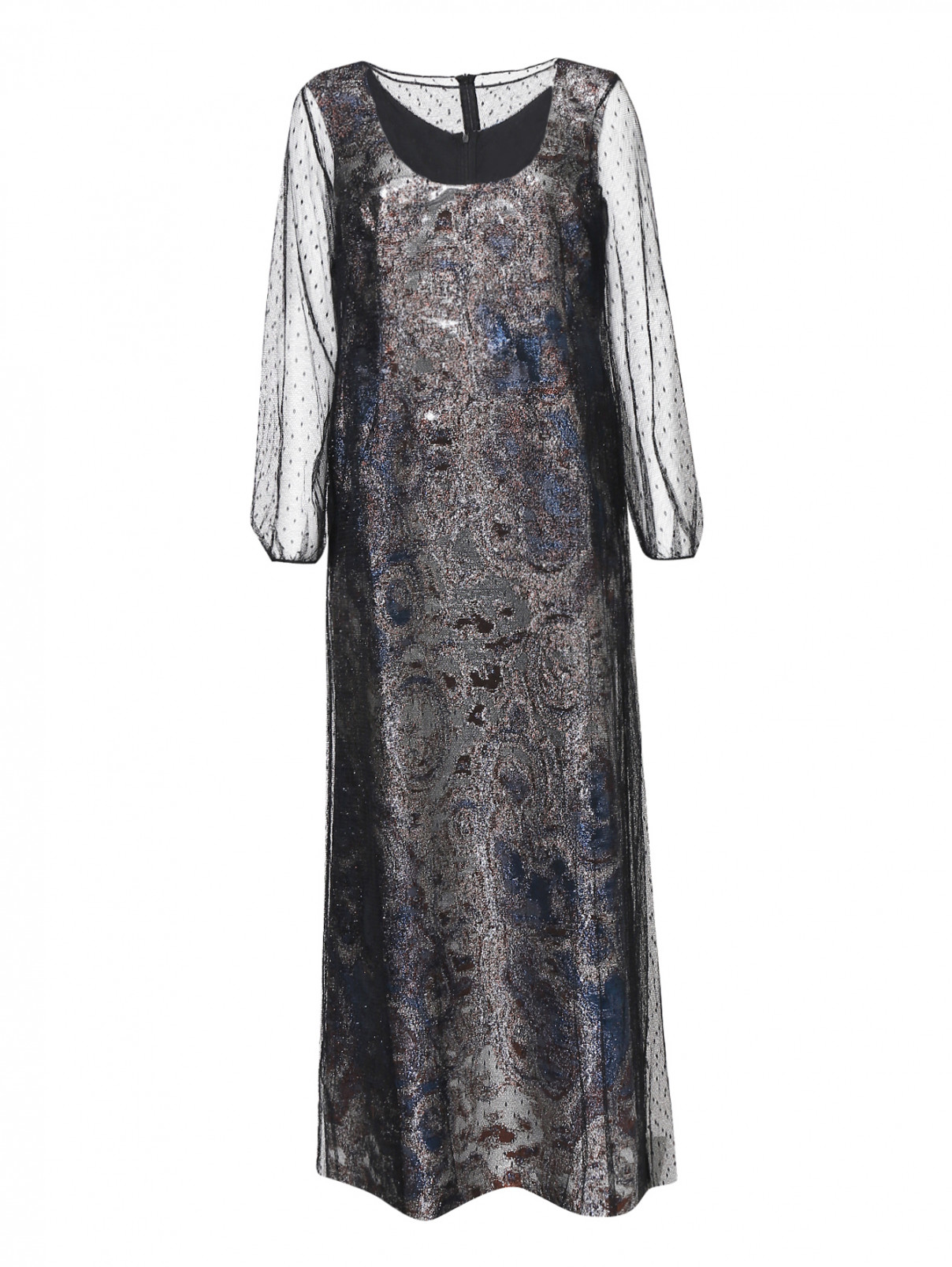 Платье макси из парчи с накидкой из сетки Marina Rinaldi  –  Общий вид  – Цвет:  Серый