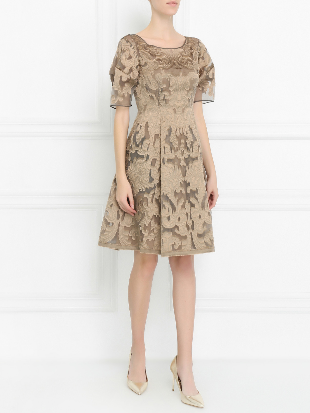 Платье с узором и короткими рукавами Alberta Ferretti  –  Модель Общий вид  – Цвет:  Бежевый