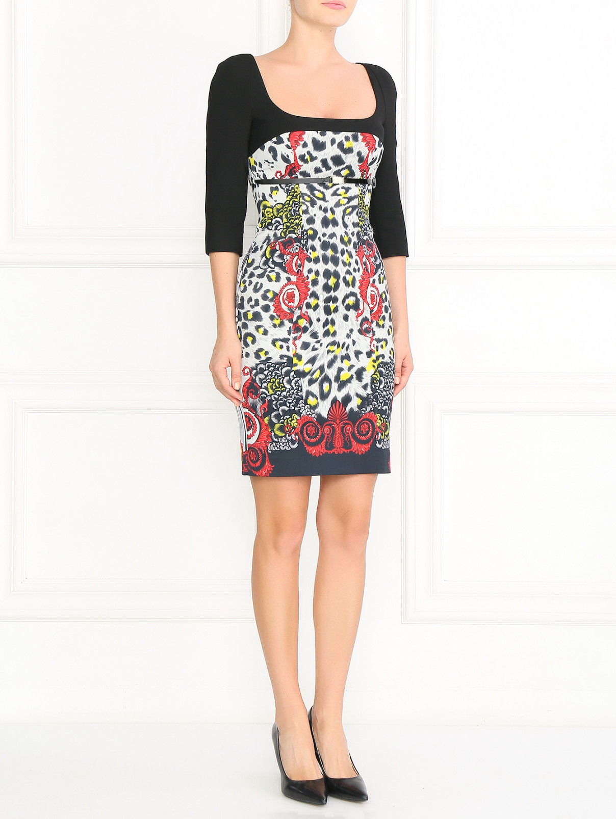 Платье-футляр с рукавами 3/4 и узором Versace Collection  –  Модель Общий вид  – Цвет:  Черный