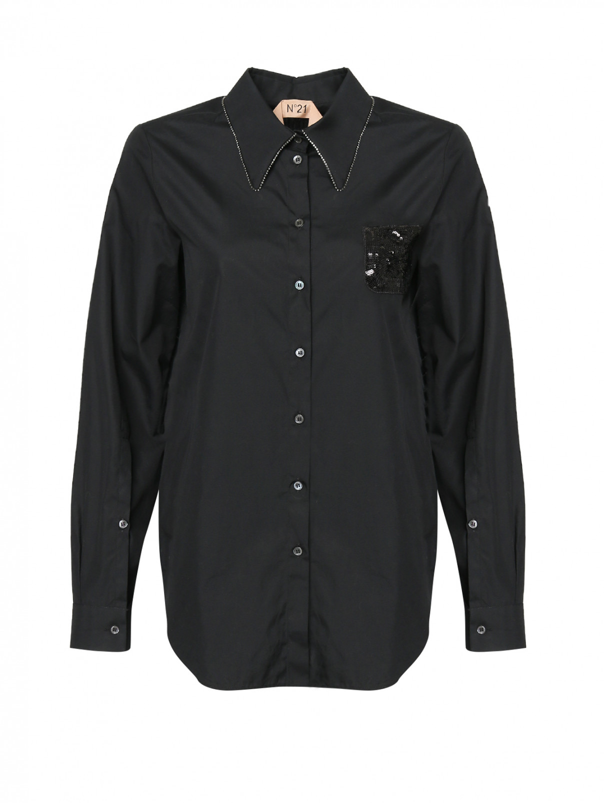Рубашка хлопковая с декором пайетками N21  –  Общий вид  – Цвет:  Черный
