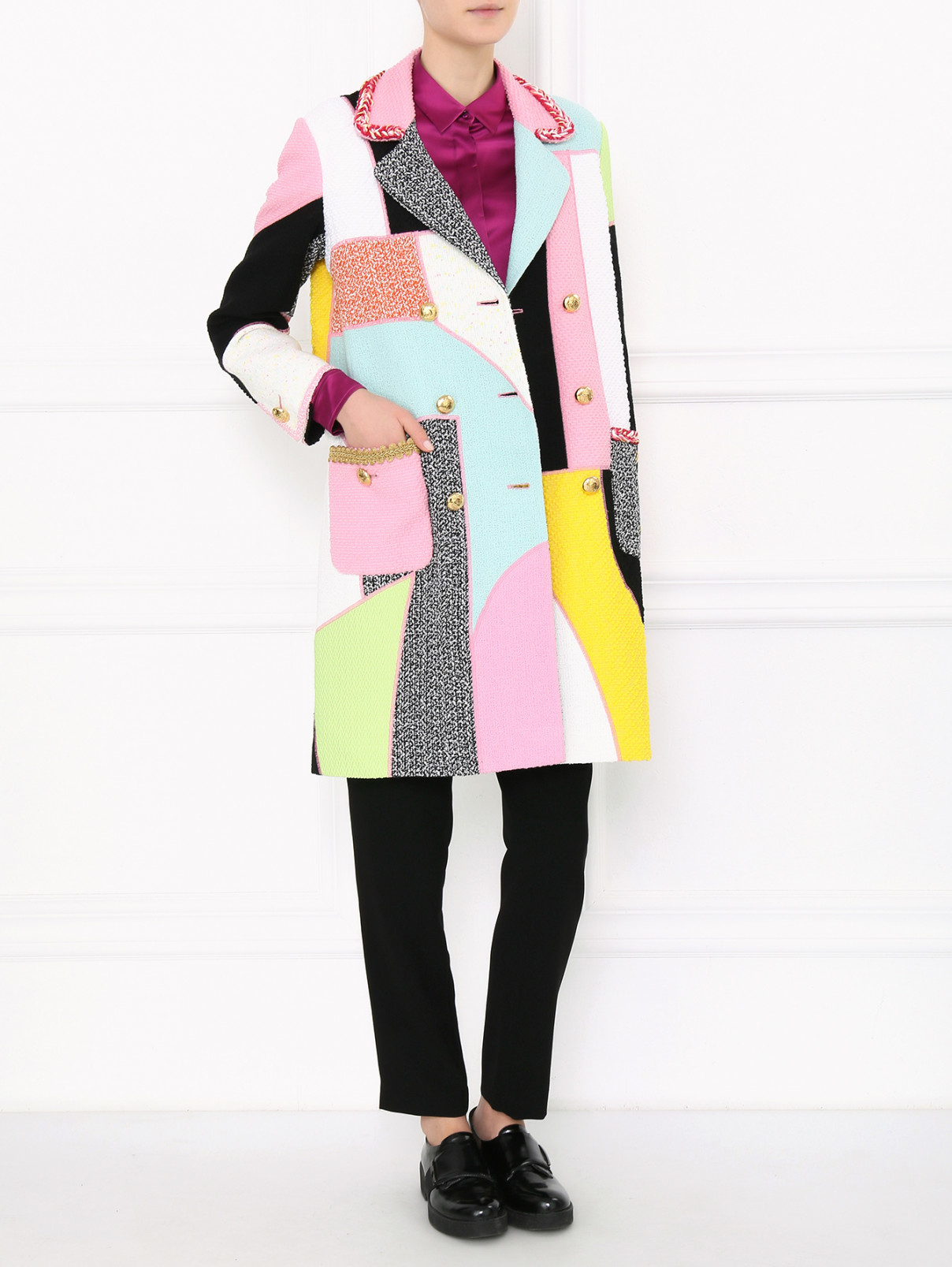Пальто двубортное из смесового хлопка с декоративной отделкой Moschino Couture  –  Модель Общий вид  – Цвет:  Мультиколор