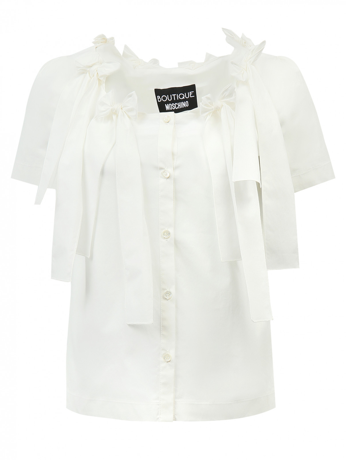 Блуза из хлопка на пуговицах декорированная бантами Moschino Boutique  –  Общий вид  – Цвет:  Белый
