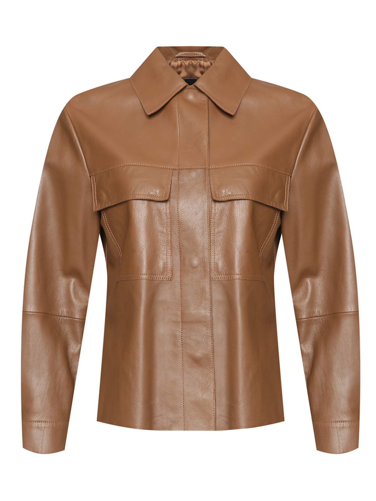 Куртка-рубашка из кожи с карманами Weekend Max Mara  –  Общий вид  – Цвет:  Коричневый
