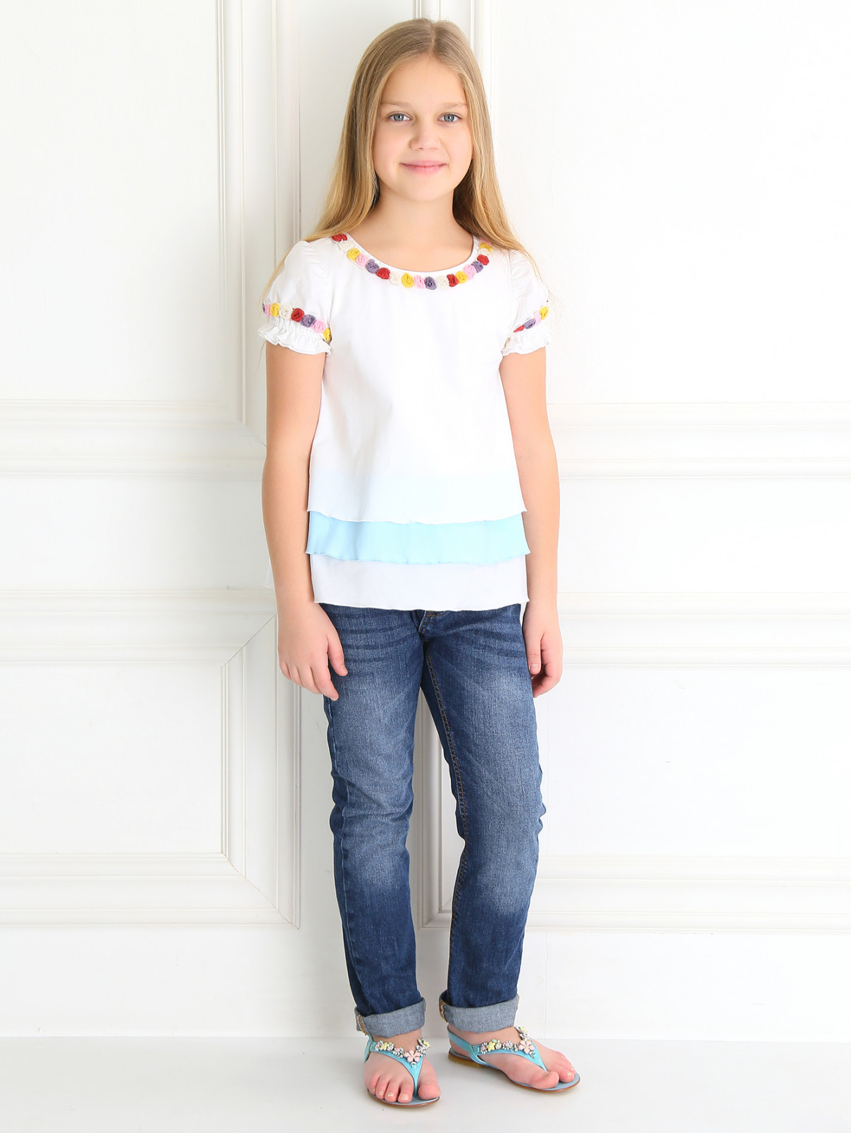 Блуза из хлопка с цветочным декором I Pinco Pallino  –  Модель Общий вид  – Цвет:  Белый