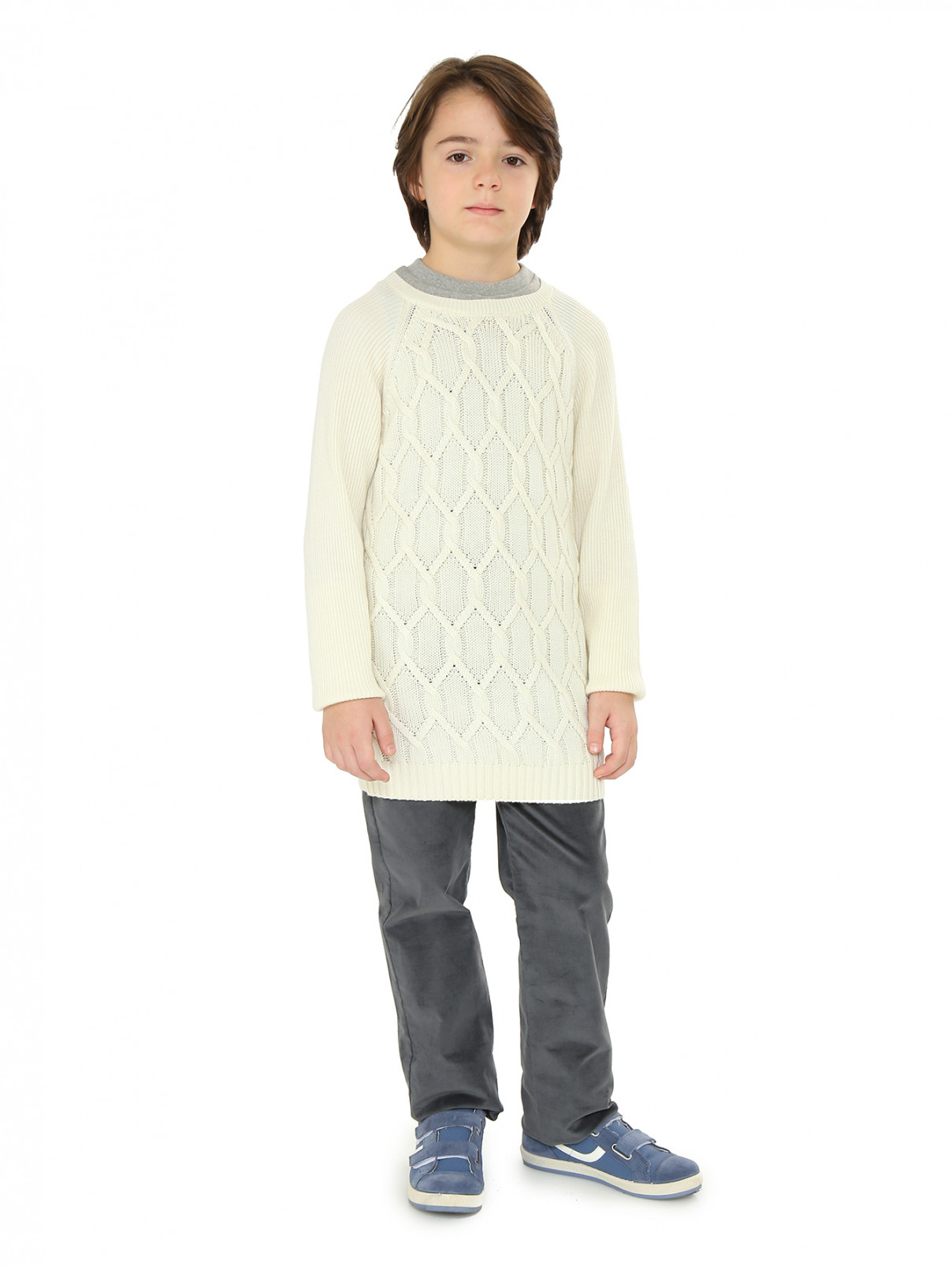 Джемпер фактурной вязки с контрастным воротом MiMiSol  –  Модель Общий вид  – Цвет:  Белый