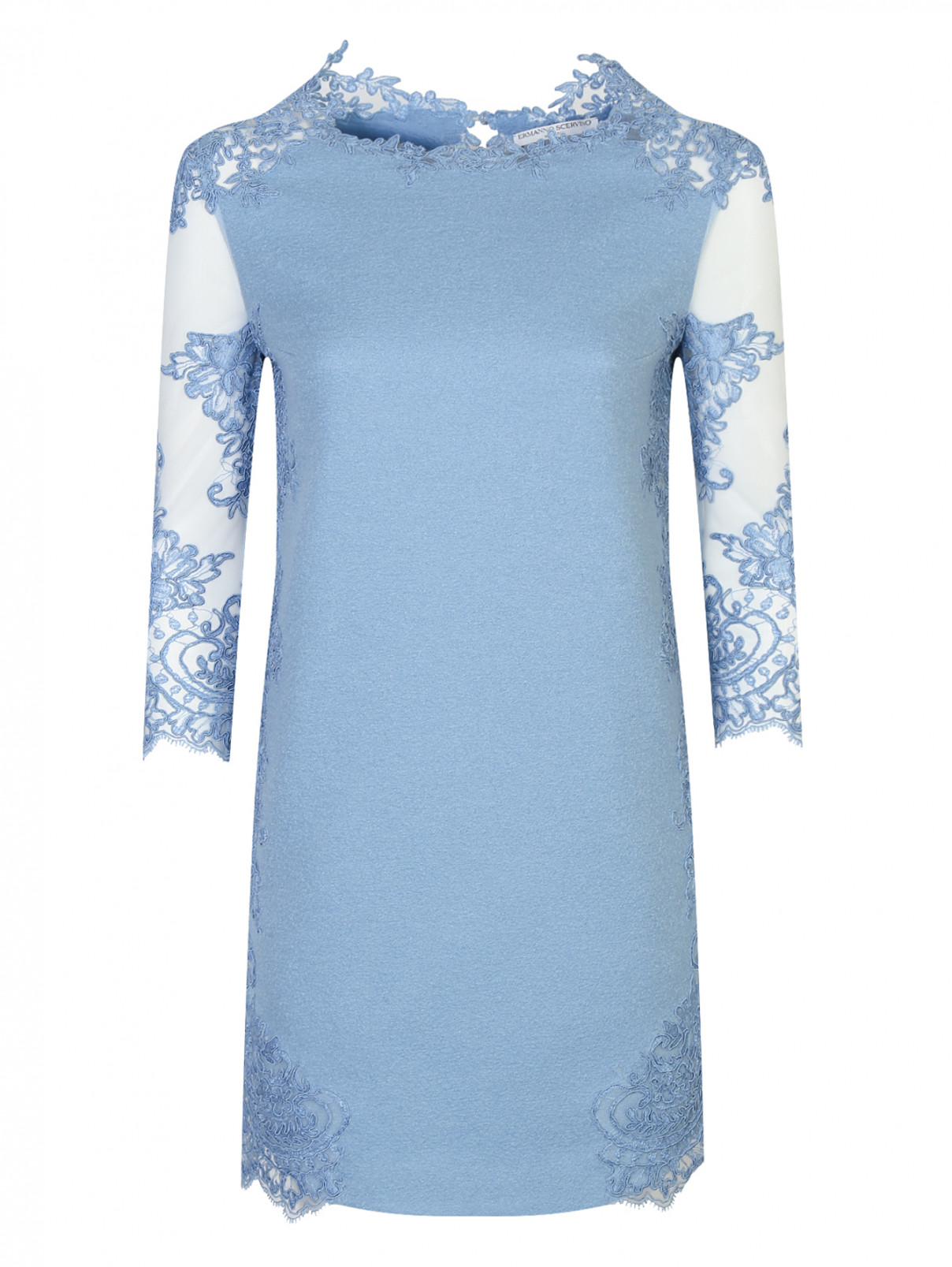 Платье из шерсти и шелка декорированное кружевом Ermanno Scervino  –  Общий вид  – Цвет:  Синий