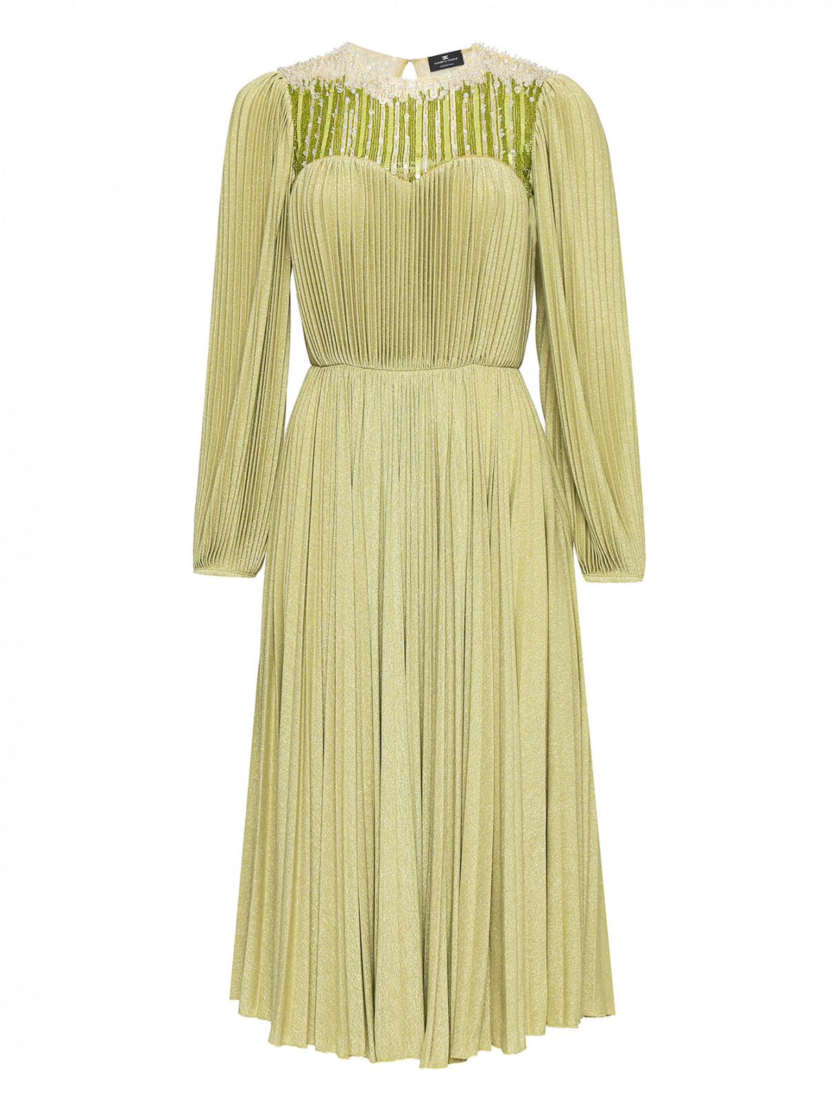 Платье-миди декорированное бисером и бусинами Elisabetta Franchi  –  Общий вид  – Цвет:  Зеленый