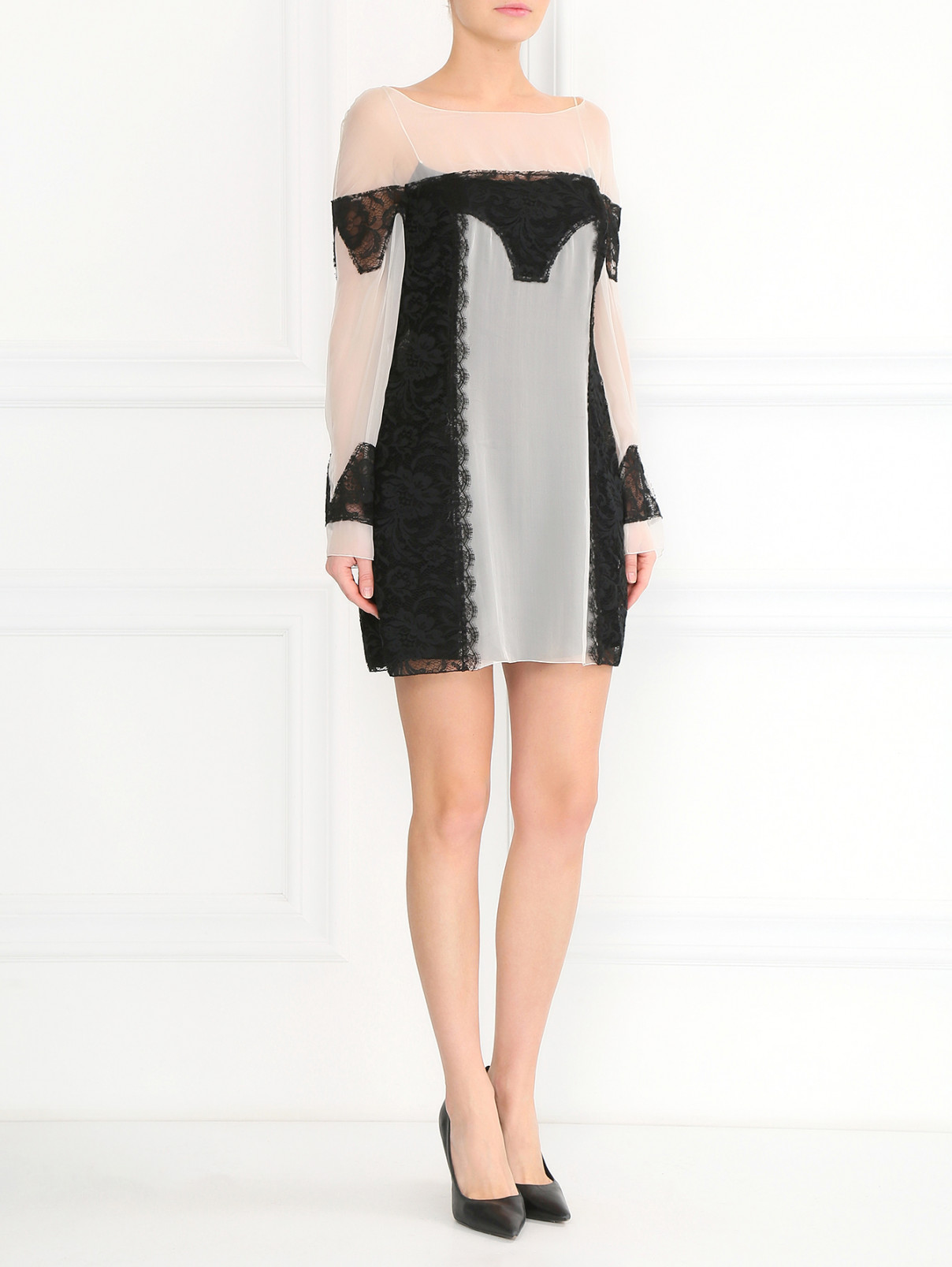 Мини-платье из шелка с вставками из контрастного кружева Alberta Ferretti  –  Модель Общий вид  – Цвет:  Белый