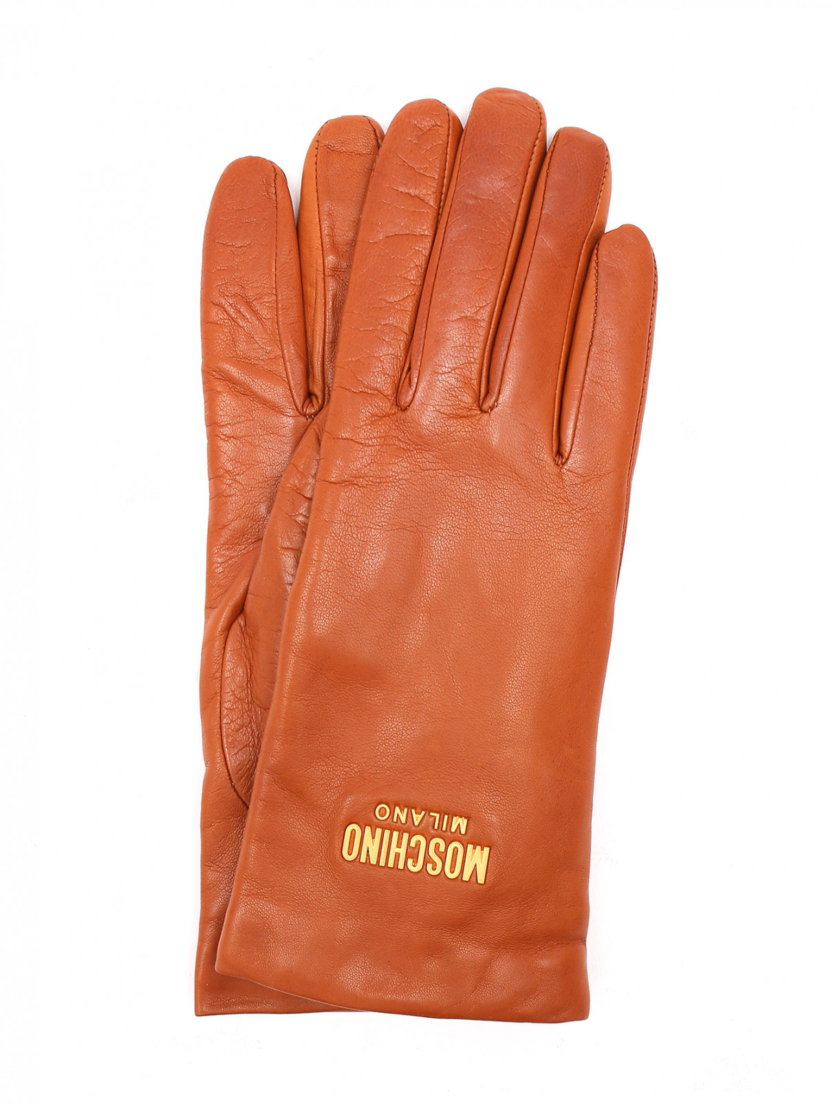 Перчатки из гладкой кожи с логотипом Moschino  –  Общий вид  – Цвет:  Коричневый