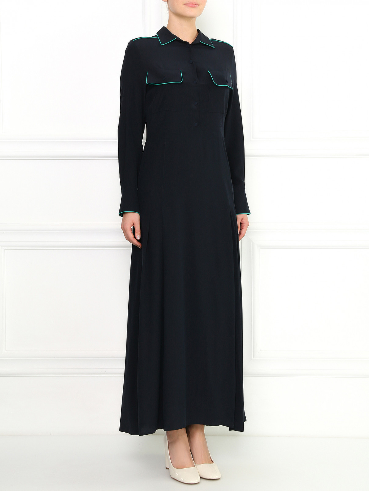 Шелковое макси платье-рубашка с разрезом Aquilano Rimondi  –  Модель Общий вид  – Цвет:  Синий