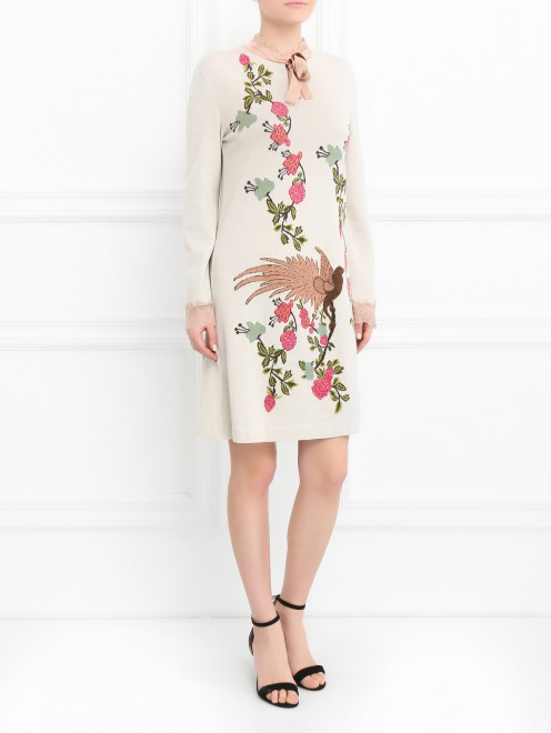 Платье из шерсти с цветочным узором и кружевной отделкой Alberta Ferretti - Модель Общий вид