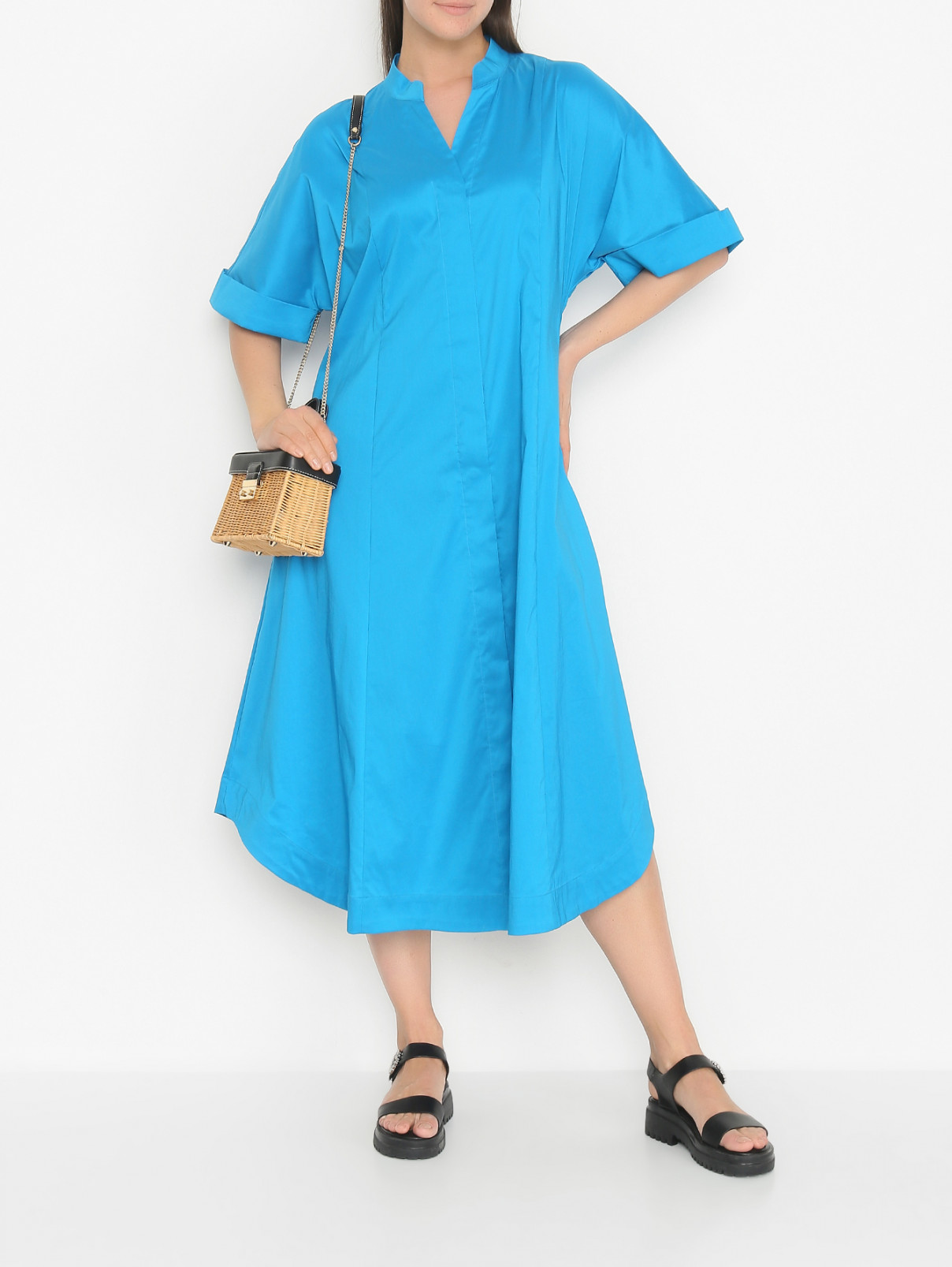 Платье-рубашка с короткими рукавами и карманами Marina Rinaldi  –  МодельОбщийВид  – Цвет:  Синий