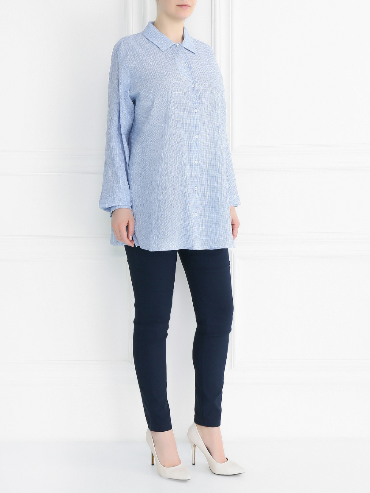 Блуза из жатого хлопка с длинным рукавом Voyage by Marina Rinaldi  –  Модель Общий вид  – Цвет:  Синий