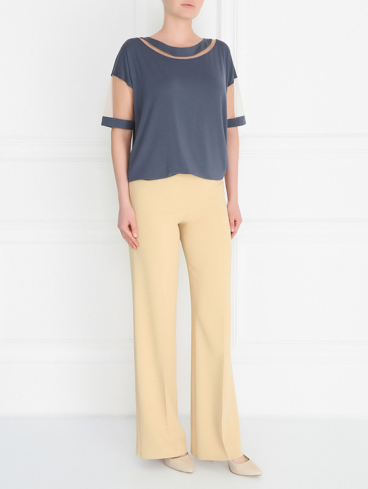 Удлиненная футболка с прозрачными вставками La Perla  –  Модель Общий вид  – Цвет:  Серый
