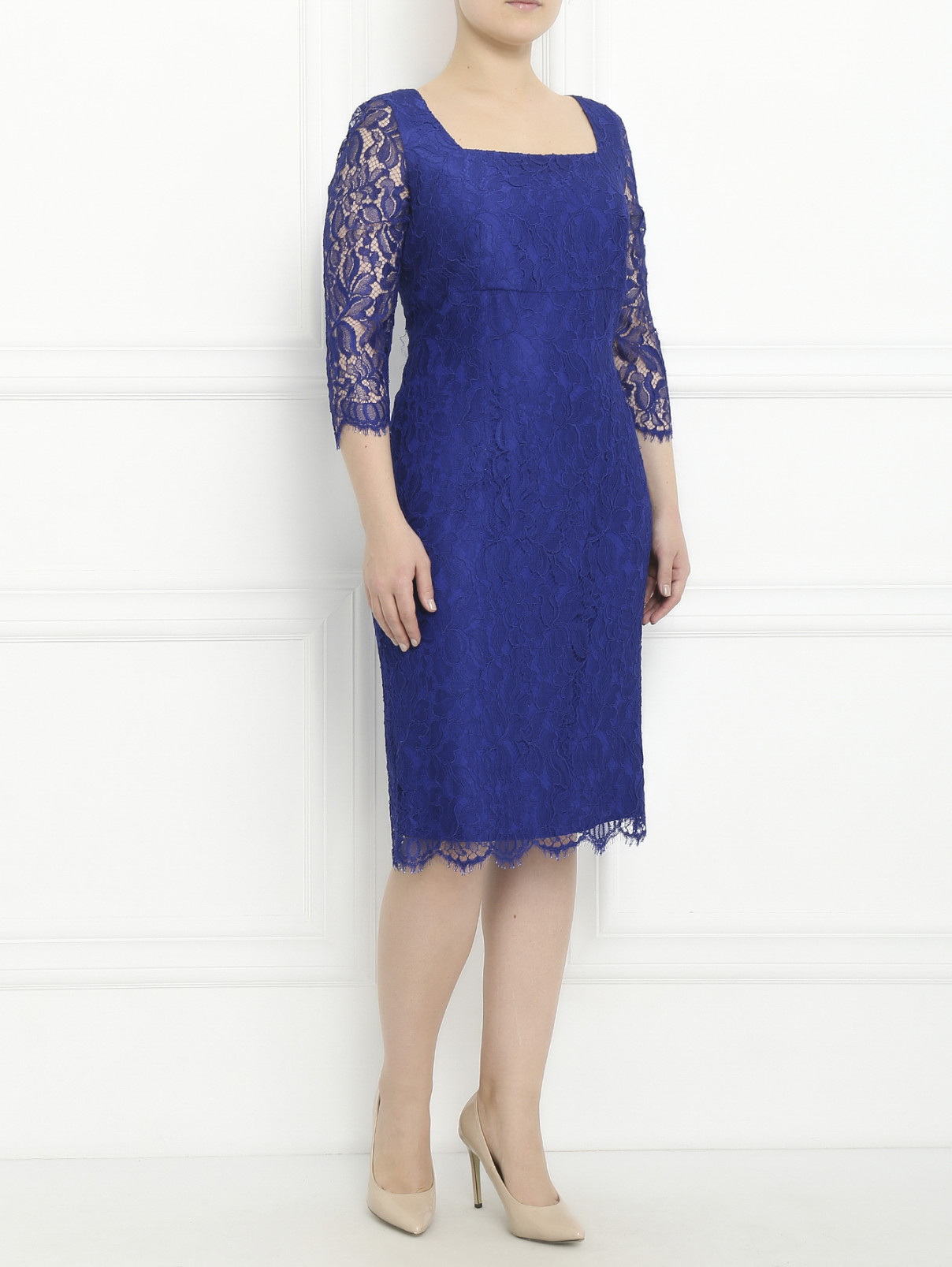 Платье-футляр с кружевным узором Marina Rinaldi  –  Модель Общий вид  – Цвет:  Синий