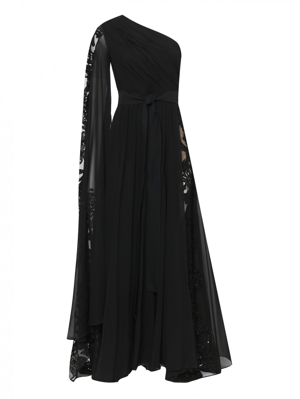Платье-макси из смешанного шелка декорированное вышивкой Elie Saab  –  Общий вид  – Цвет:  Черный