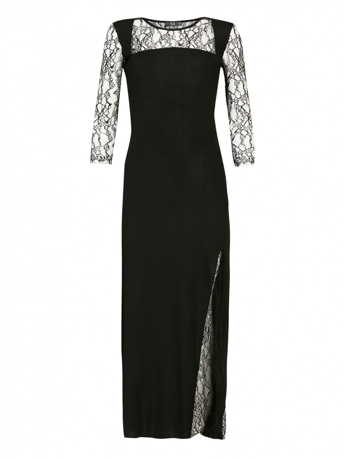 Трикотажное платье-макси с кружевными рукавами 3/4 Lil pour l'Autre  –  Общий вид  – Цвет:  Черный