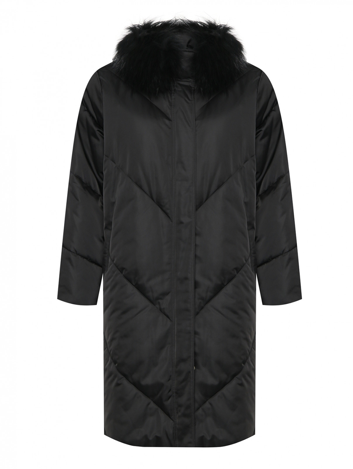 Стеганая утепленная куртка с меховым воротником Marina Rinaldi  –  Общий вид  – Цвет:  Черный
