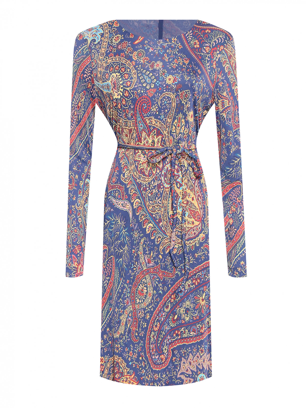 Платье из вискозы с поясом и узорм Etro  –  Общий вид  – Цвет:  Синий