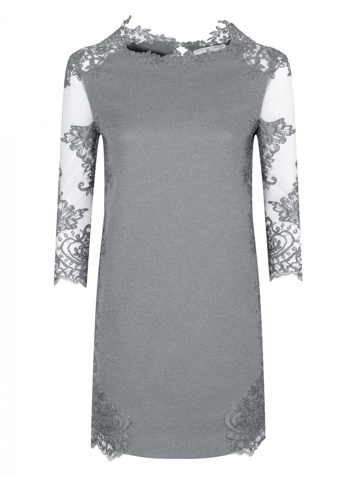 Платье из шерсти и шелка декорированное кружевом Ermanno Scervino  –  Общий вид  – Цвет:  Серый