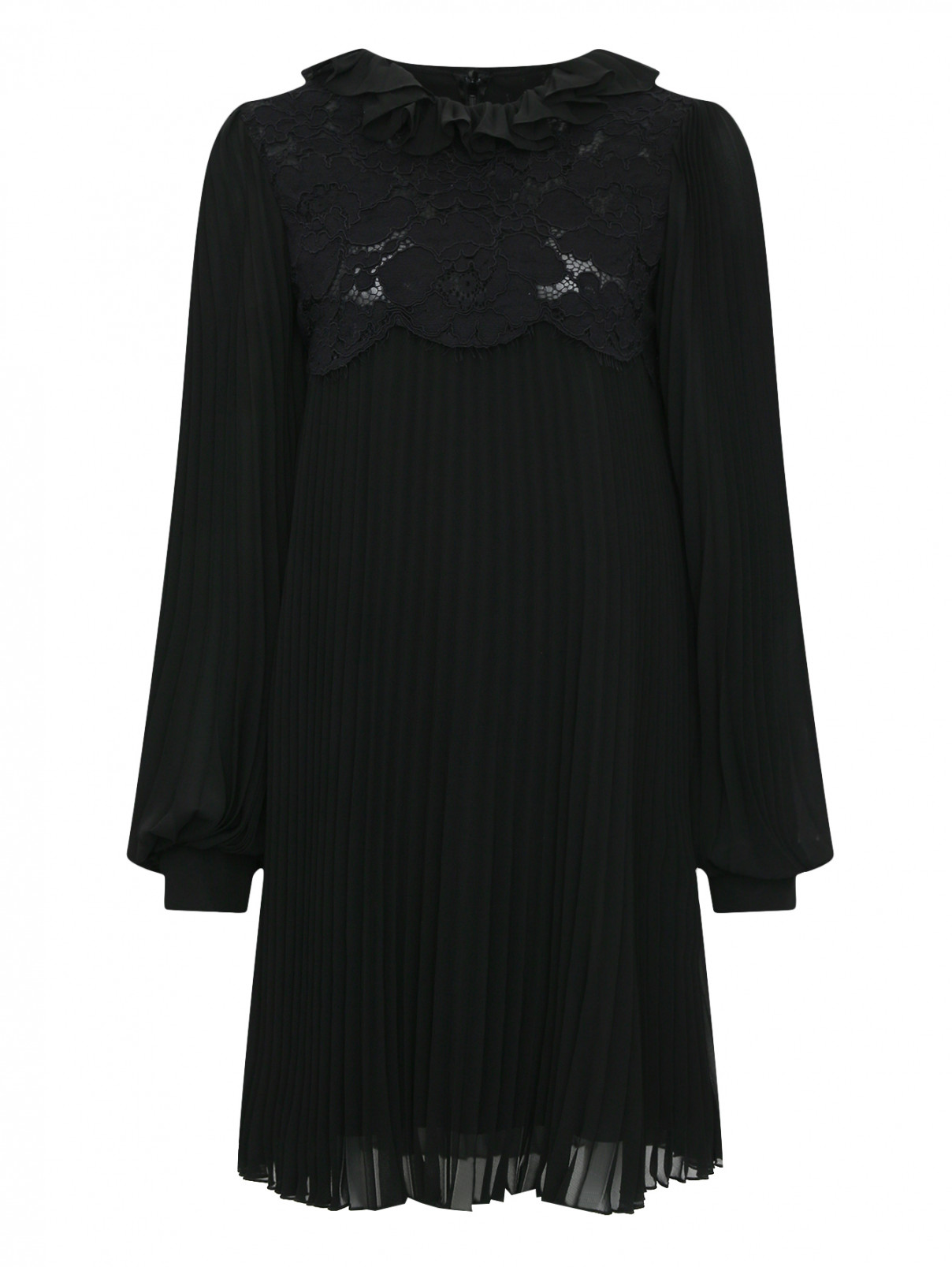 Платье-мини плиссированное с отделкой из кружева Philosophy di Lorenzo Serafini  –  Общий вид  – Цвет:  Черный