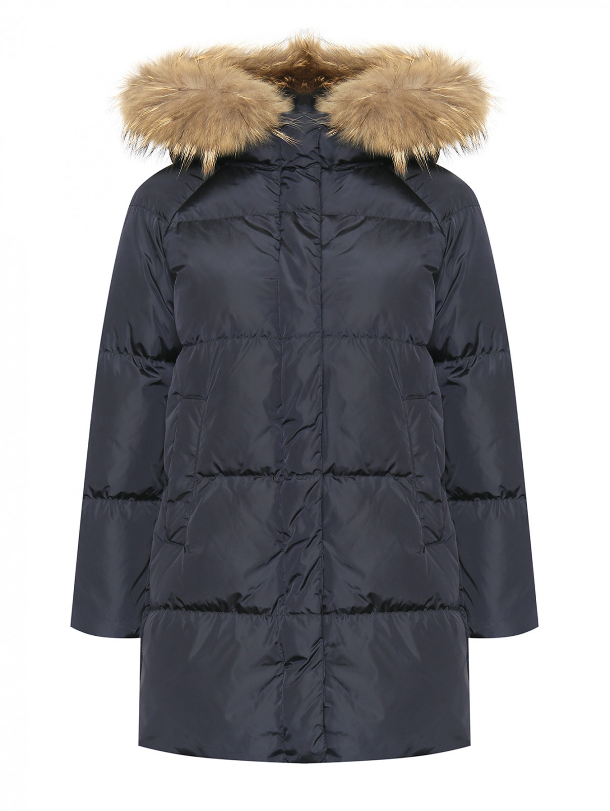 Пуховик со съемным мехом енота Weekend Max Mara  –  Общий вид  – Цвет:  Синий