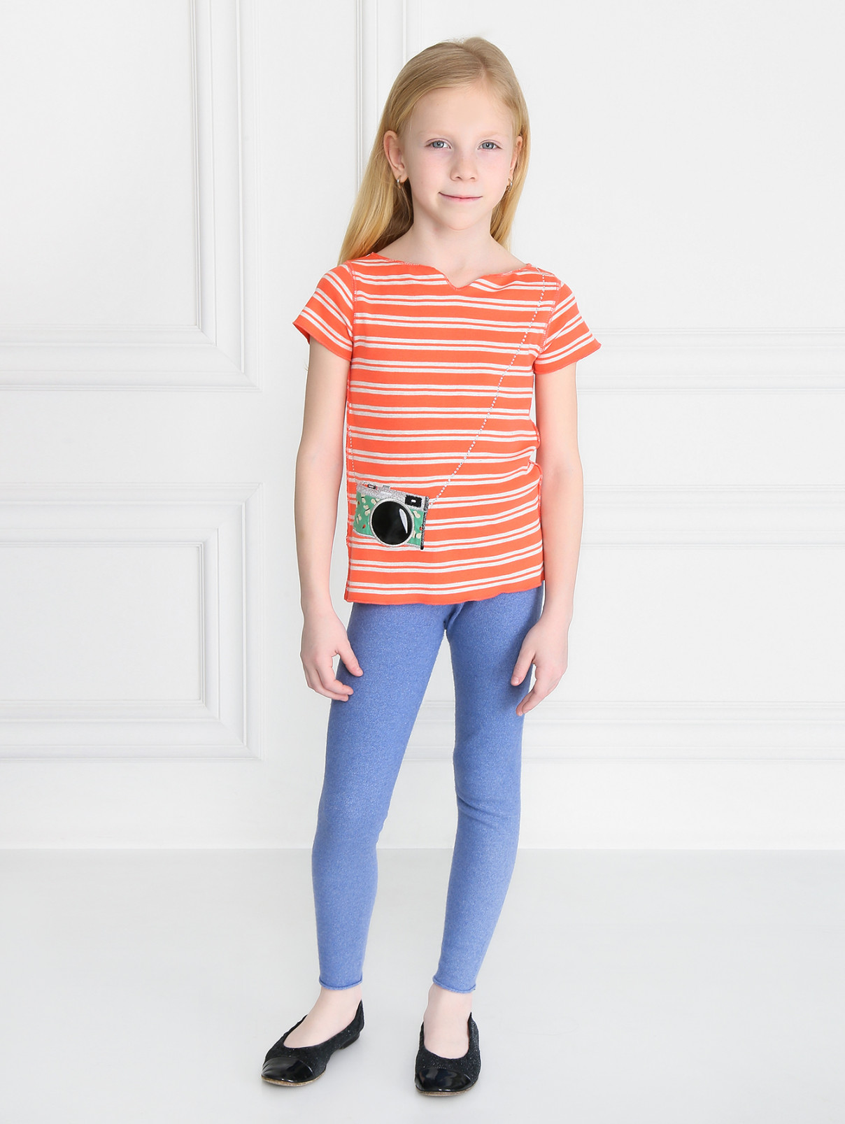 Футболка из хлопка в полоску с объемной аппликацией Sonia Rykiel  –  Модель Общий вид  – Цвет:  Оранжевый