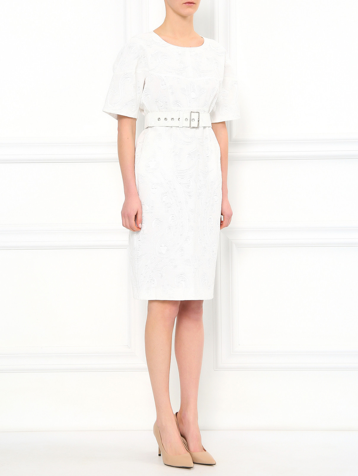Платье из смешанного шелка с узором и поясом в комплекте Jil Sander  –  Модель Общий вид  – Цвет:  Белый