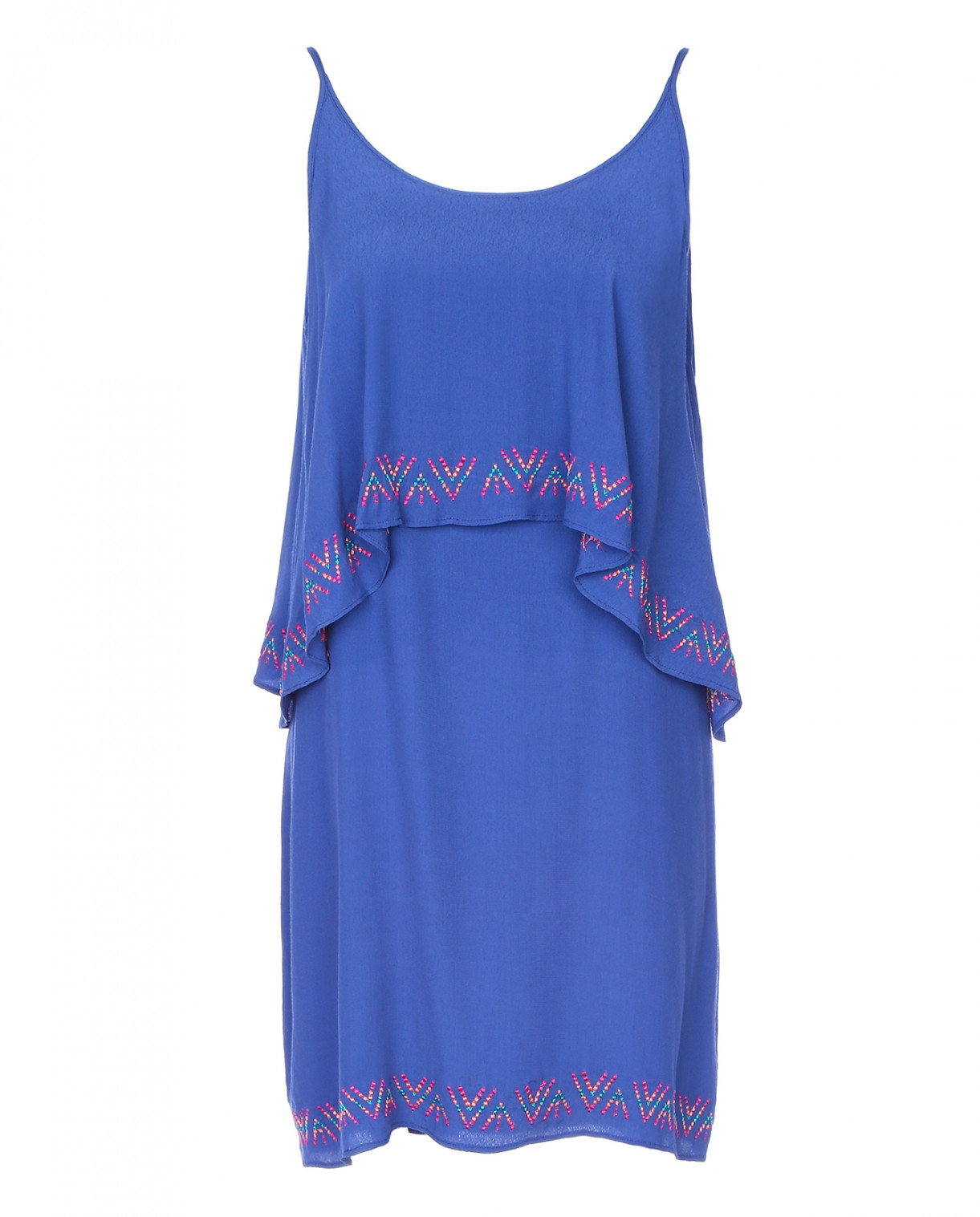 Платье-мини на бретелях с вышивкой MKT Studio  –  Общий вид  – Цвет:  Синий