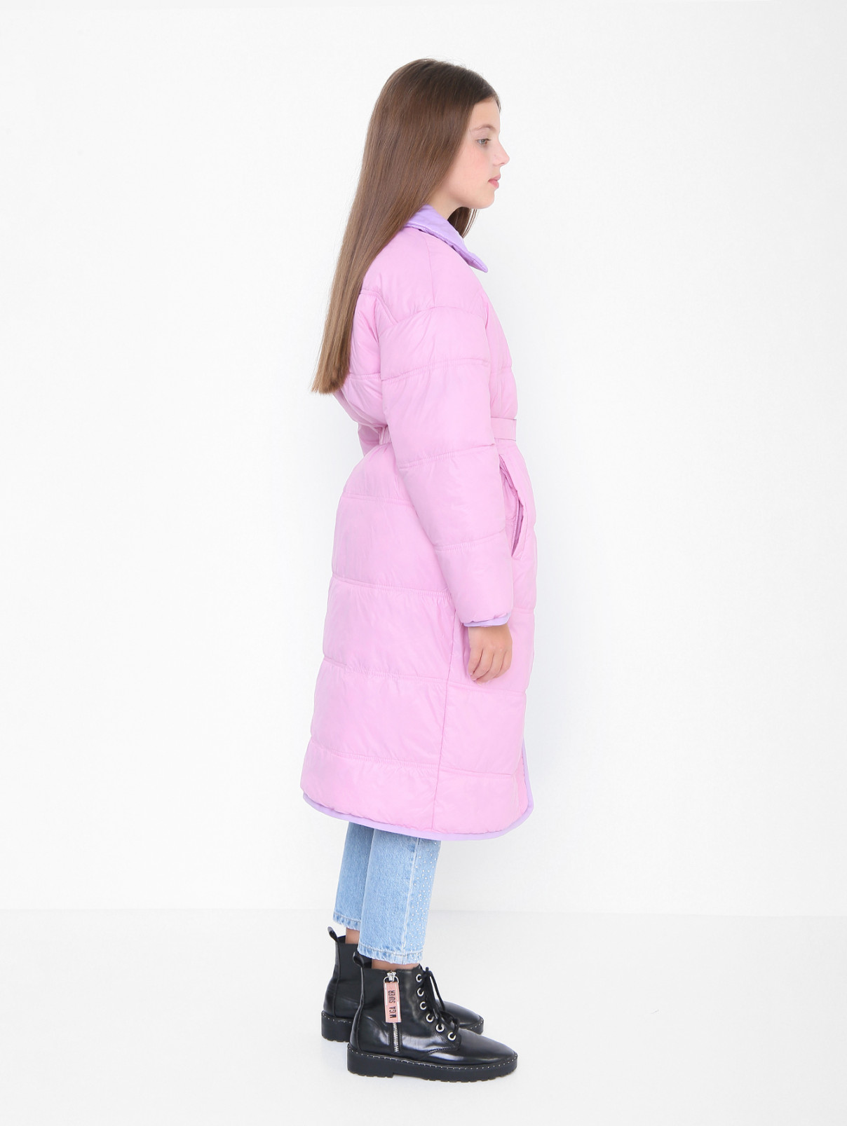 Утепленное пальто с поясом N21  –  МодельВерхНиз2  – Цвет:  Розовый