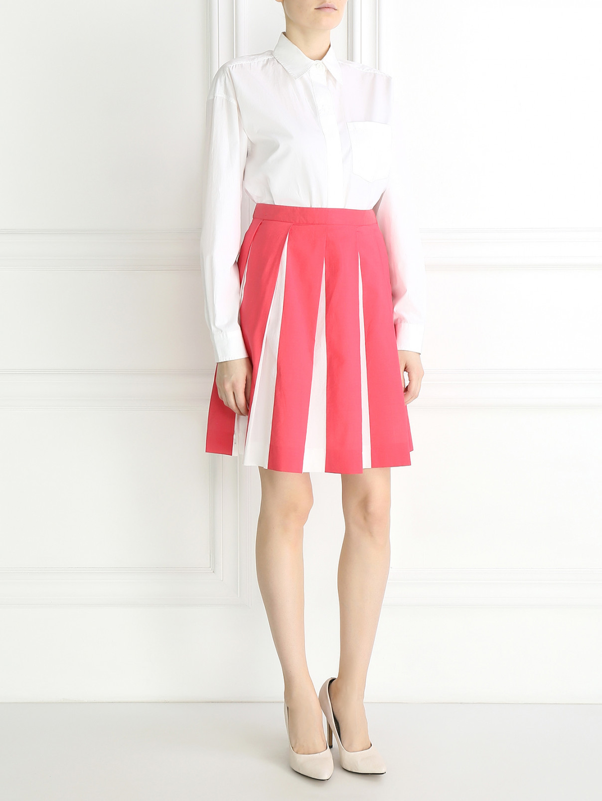 Плиссированная юбка-миди из хлопка и шелка Moschino  –  Модель Общий вид  – Цвет:  Розовый