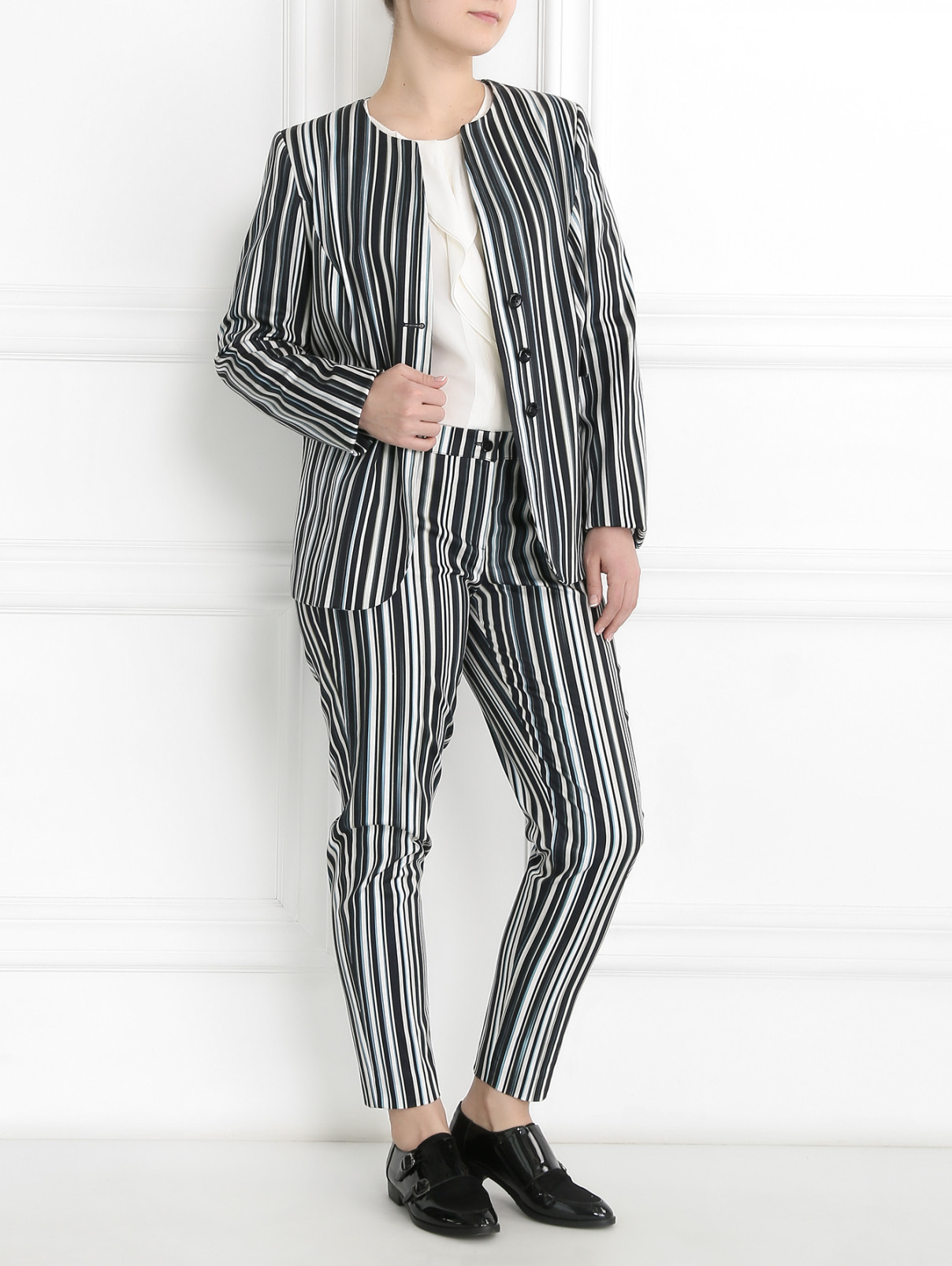 Укороченные брюки из хлопка с узором "полоска" Marina Rinaldi  –  Модель Общий вид  – Цвет:  Узор