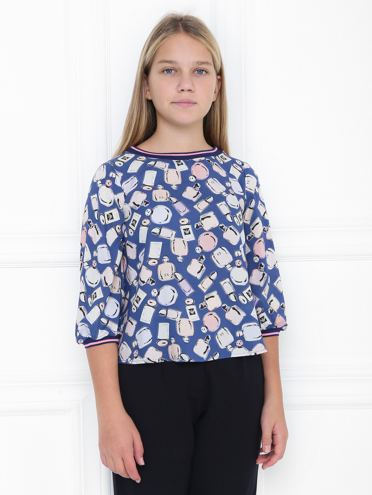 Блуза из вискозы с узором Emporio Armani  –  МодельВерхНиз  – Цвет:  Синий