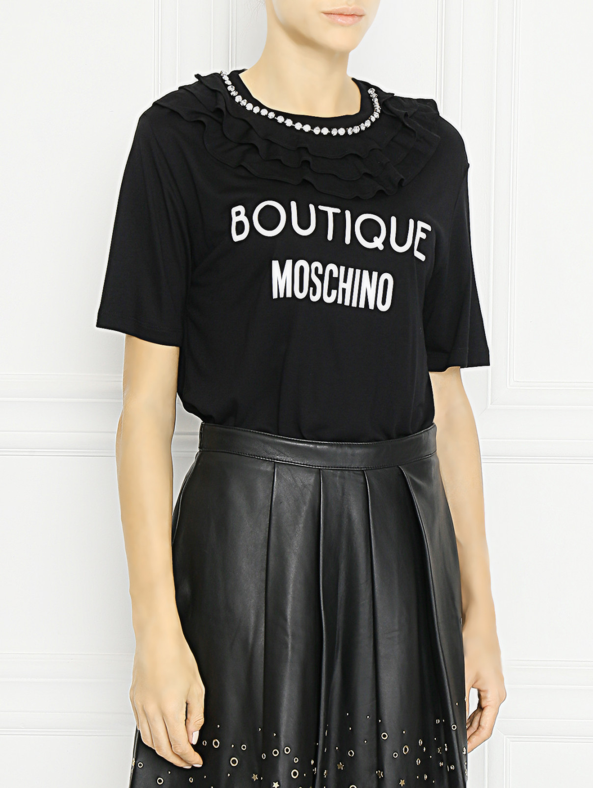 Футболка с принтом и аппликацией BOUTIQUE MOSCHINO  –  МодельВерхНиз  – Цвет:  Черный