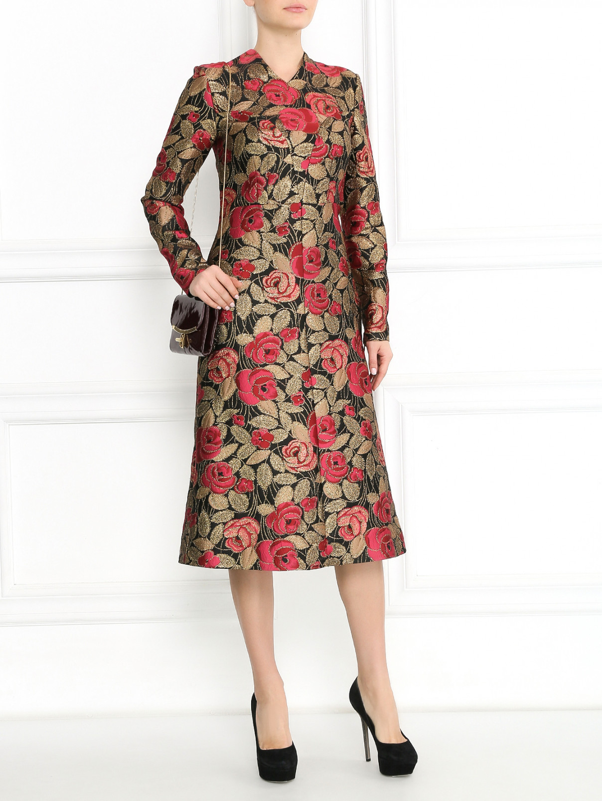 Платье из шелка с цветочным узором Vilshenko  –  Модель Общий вид  – Цвет:  Золотой